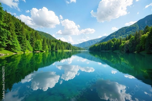 Serene lake reflecting the sky, surrounded by lush green trees and calm waters, perfect for a relaxing getaway Ideal for license, permit, or environmental themes , ecology, permit, tranquil