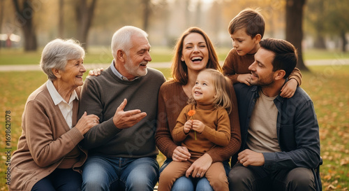 Happy family portrait with mom, dad, grandparents, son and daughter in park setting. Happy family portrait showing connection between generations, joyful expressions, and relaxed posture.