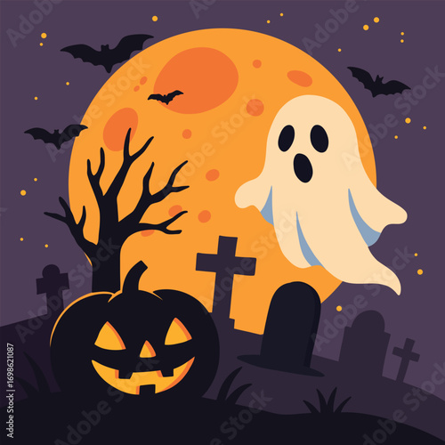 Flat vector illustration of a cute ghost flying over a graveyard with jack-o’-lantern, full moon, bats, and tombstones, creating a spooky but playful Halloween night scene