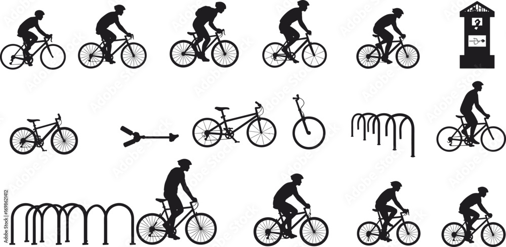 custom made wallpaper toronto digitalSilhouettes of cyclists riding different types of bicycles, bike racks, bike repair station, urban cycling, bike commuters, cycling activity