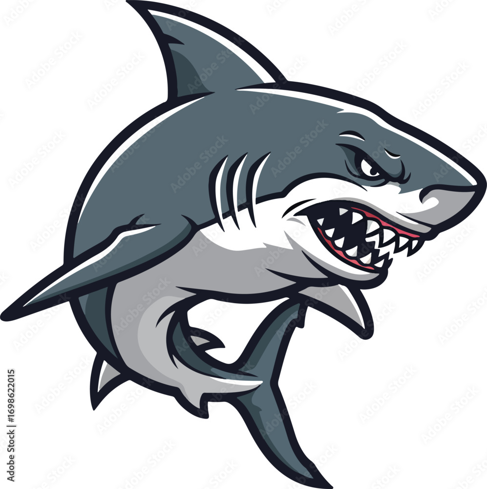 Fototapeta premium Illustration of a gray shark with white belly and sharp teeth on a white background facing right