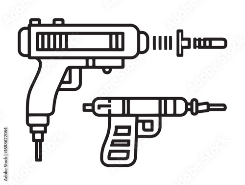 Modern Pneumatic Tools Collection Icon in Professional Industrial Vector Line Illustration