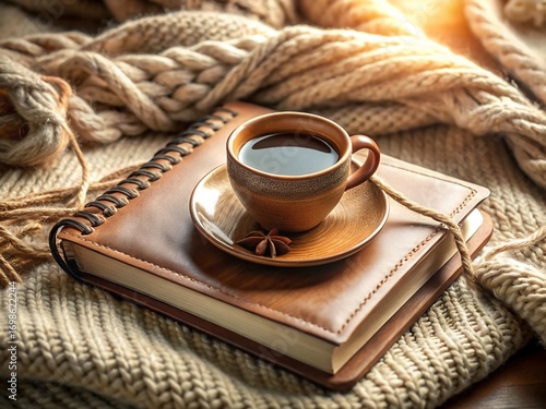 Cozy warm coffee cup on textured blanket and book peaceful morning relaxing atmosphere