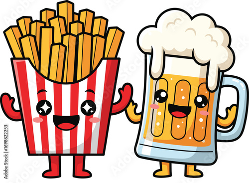 Cute Cartoon French Fries and Beer Mug with Happy Expression