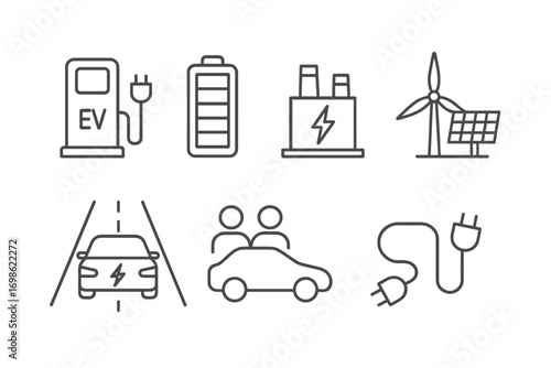 Electric Vehicle and Renewable Energy Icons Set – EV Charging, Battery, Green Power, Solar, Wind, Eco Car Sharing and Sustainability Symbols