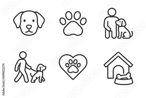 Dog Care and Pet Love Line Icons Set – Veterinary, Walking, Training, Adoption, Paw and Animal Shelter Symbols
