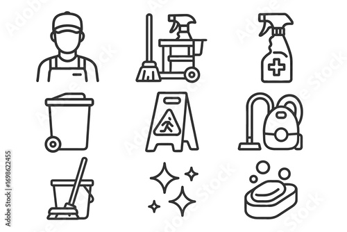 Cleaning Service Line Icons Set – Housekeeping and Sanitation Symbols