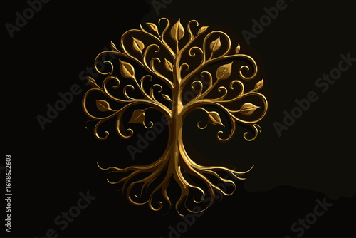 Golden Tree of Life – Elegant Decorative Symbol on Black Background
