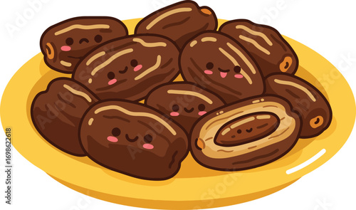 Cute Cartoon Style Dates on Plate Illustration for Ramadan Celebration