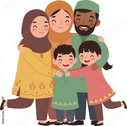 Cute Cartoon Style Muslim Family Portrait Illustration With Happy Expression
