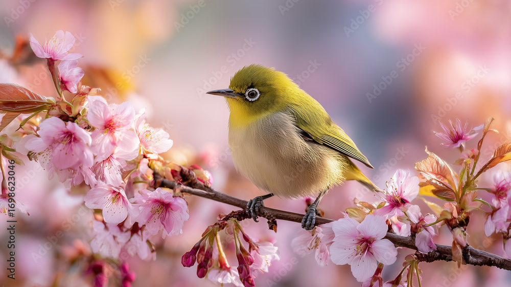 Fototapeta premium Cute little bird sitting on a cherry blossom branch, a springtime scene with pastel pink flowers and soft sunlight. Ai generated