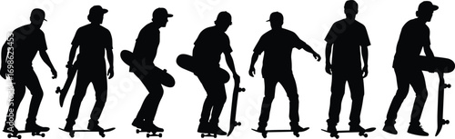 Dynamic skateboarding silhouette sequence showing tricks, stunts, and action poses of skater in motion for sports, lifestyle, and urban design