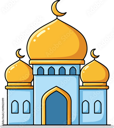 Cartoon Flat Illustration Mosque Building with Crescent Moon Architecture Element