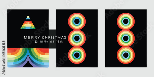 Modern abstract christmas and new year greeting card with rainbow tree and circular ornaments