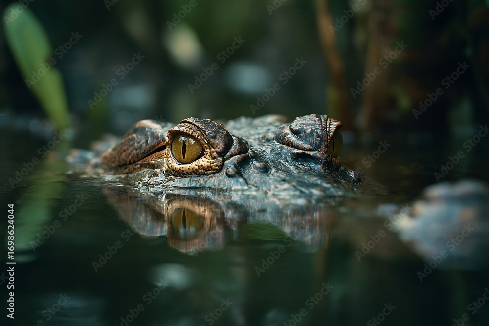 Fototapeta premium A captivating close-up of a crocodile's eye, observing from the aquatic surface