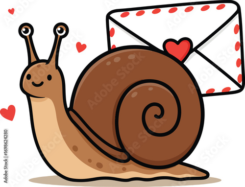 A cartoon snail carrying a love letter with red hearts on a white background with small red hearts around