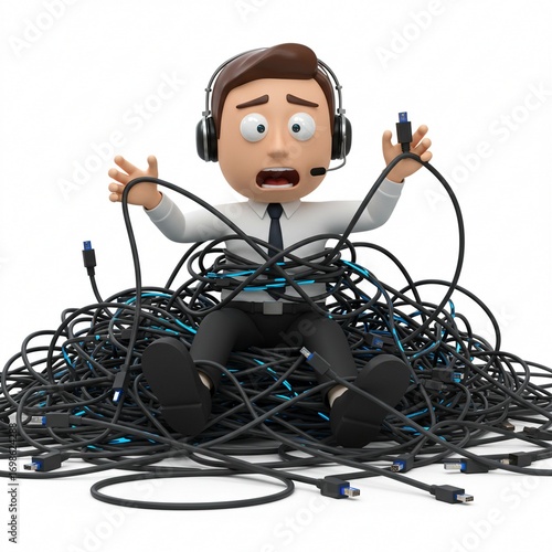 Overwhelmed 3D cartoon businessman in headset, tangled in a massive pile of tech cables, symbolizing IT stress and digital communication complexities