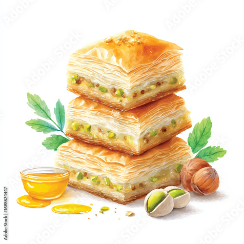 Golden Baklava Stacked High with Nuts and Sweet Syrup.