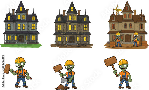 Cartoon haunted house stages, abandoned to construction, zombie worker characters with tools, Halloween theme, spooky building process, animated illustration set