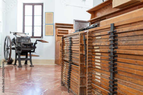 Old printing press typeset in Arcos de la Frontera. Andalusia, Spain. 4 September 2025.
