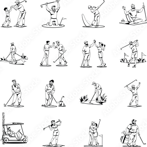 Set of Golfing People Glyph Illustrations
