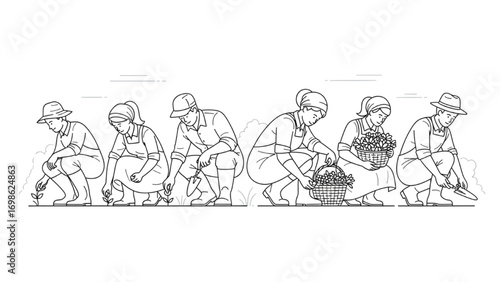 Country People Crouching Vector | Farmers Gardeners Florists Line Drawings