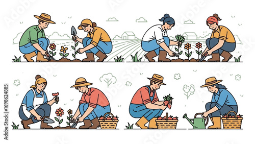 Country People Crouching Vector | Farmers Gardeners Florists Line Drawings