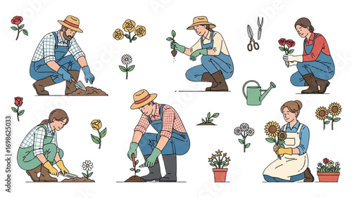 Country People Crouching Vector | Farmers Gardeners Florists Line Drawings