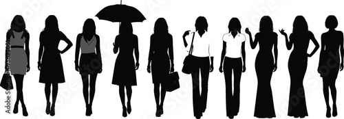Fashion silhouettes of diverse standing women in various poses with accessories, vector illustration for style design, runway, boutique, and apparel concepts