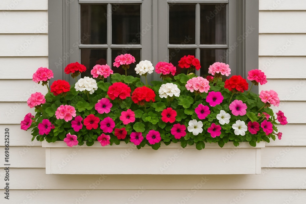 Obraz premium Colorful flower window box on white house exterior