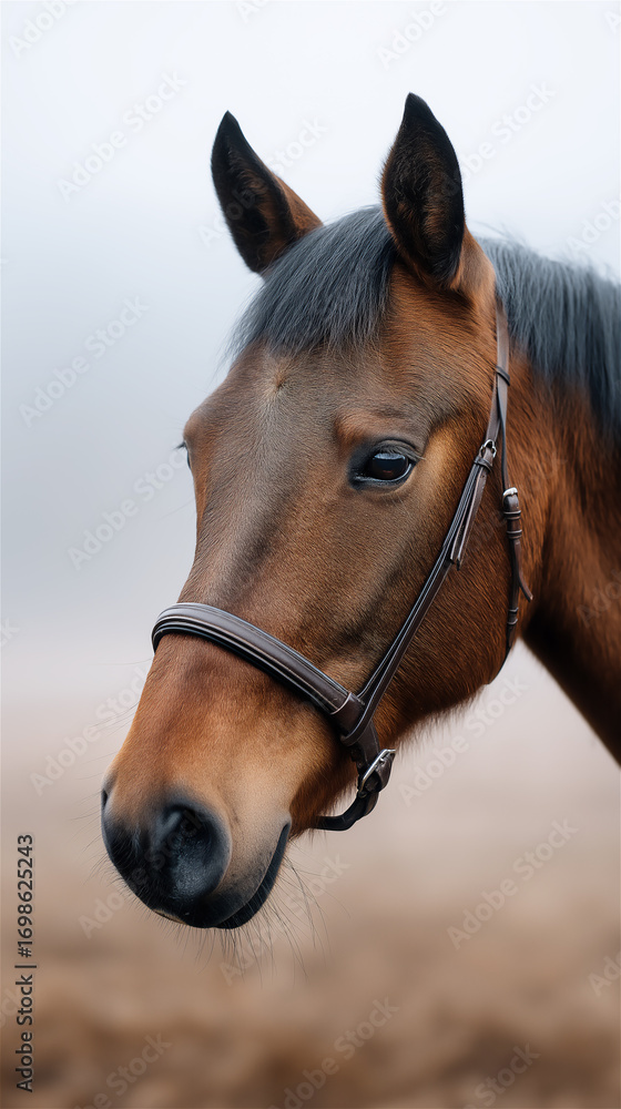 Fototapeta premium Close-up of horse head with bridle, symbolizing countryside lifestyle, farming, freedom and animal connection, with natural blurred background and copy space.