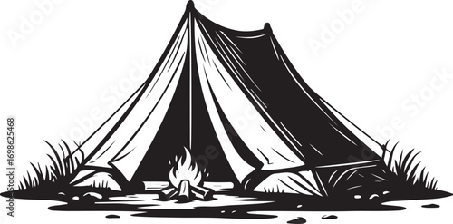 Black and white illustration of a tent and campfire