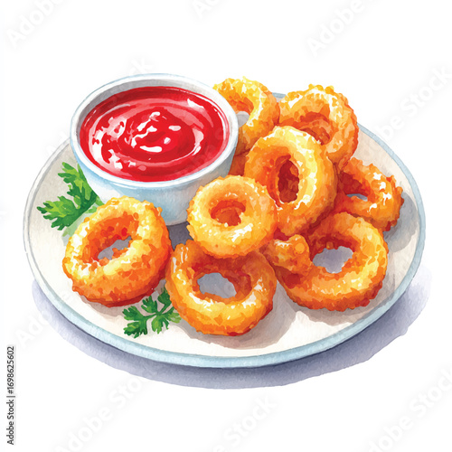 Golden Fried Onion Rings with Ketchup Dip on a Plate.