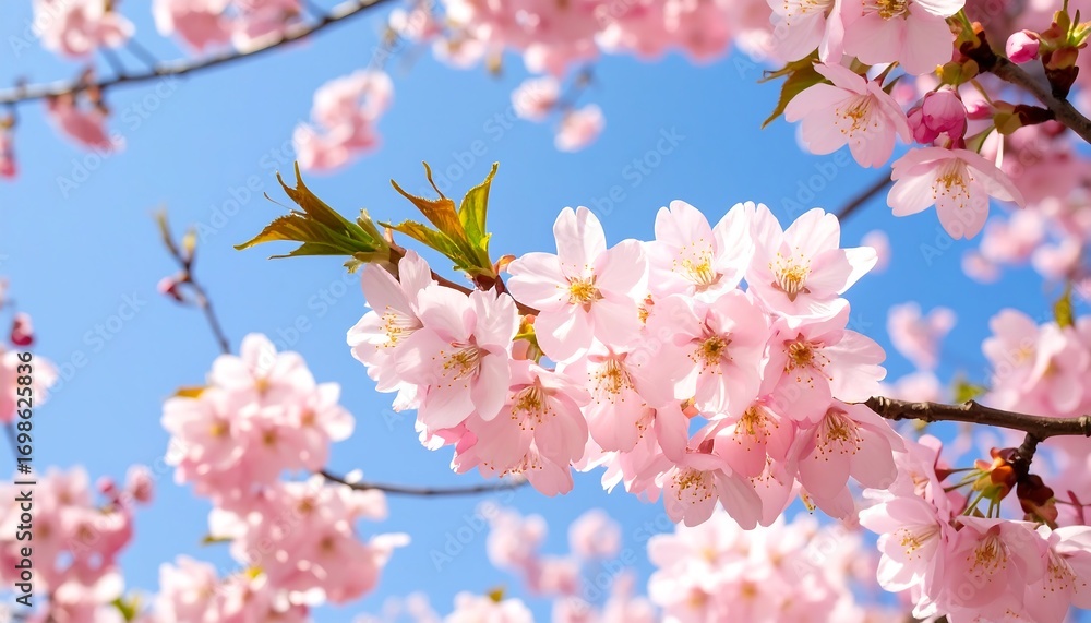 Fototapeta premium Pink cherry blossoms against a clear blue sky (1)