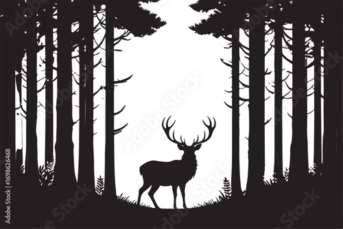 Black silhouette of a stag with antlers in a pine forest