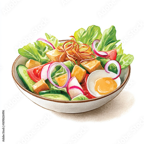 Fresh and vibrant salad bowl with crisp vegetables and a softboiled egg.
