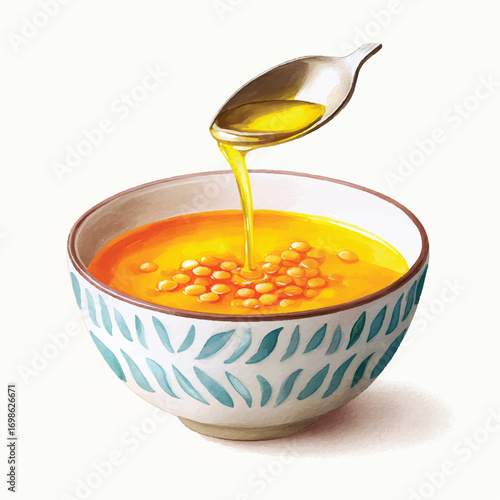 Golden oil being poured into a bowl of soup with chickpeas.
