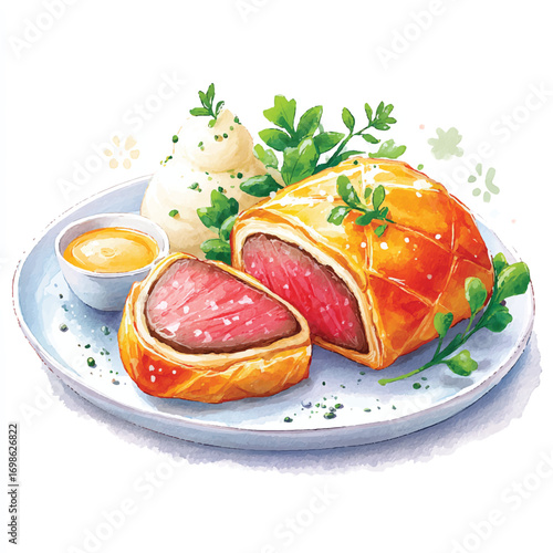 Gourmet Beef Wellington Dish with Garnish and Sauce.