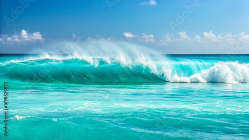 Fototapeta Naklejka Na Ścianę i Meble -  Powerful Turquoise Ocean Wave Crashing with White Spray under a Blue Sky water