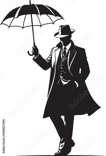Man in trench coat and fedora holding umbrella silhouette
