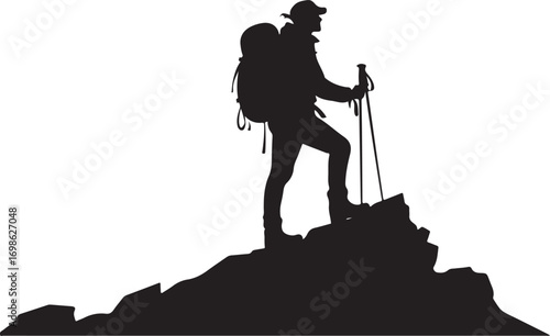 Silhouette of a hiker with backpack and poles on a rocky peak