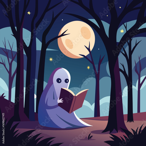 Spooky ghost emerging from a dark mysterious haunted forest with ancient trees and eerie moonlight creating a chilling atmosphere for halloween celebrations