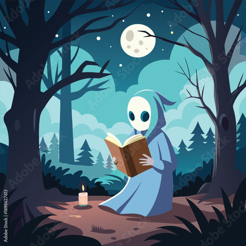 Whimsical ghost floating through a dark spooky haunted forest with gnarled trees and eerie atmosphere perfect for halloween celebrations