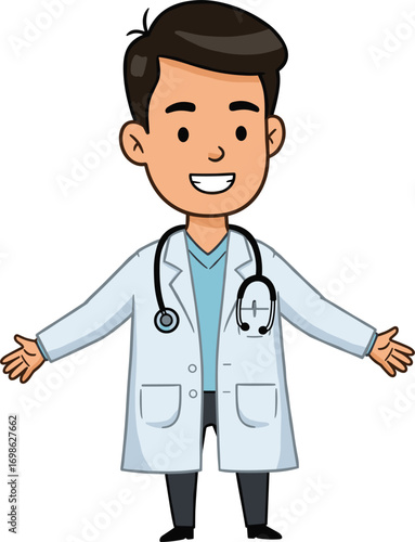Cartoon male doctor with stethoscope, friendly medical professional in white coat, smiling physician character for healthcare illustration