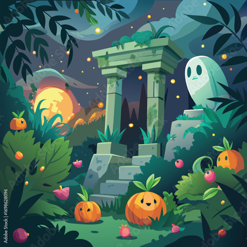 Enchanting halloween scene with glowing pumpkins nestled amongst overgrown ancient ruins and creeping vines perfect for festive decorations and spooky designs