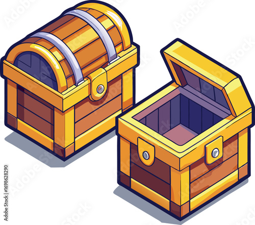 Two wooden treasure chests one open and one closed isometric view