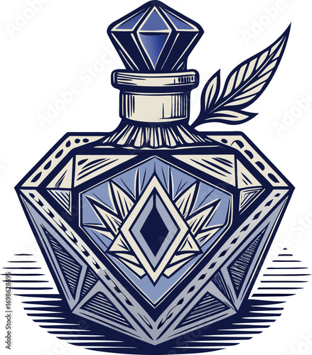 Ornate vintage inkwell with feather quill and decorative geometric design