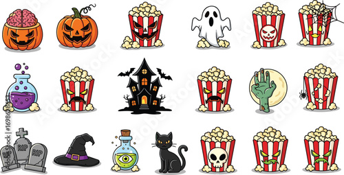 Halloween popcorn character icons, spooky cartoon snacks, creepy Halloween treats, fun scary faces, haunted food illustration, festive horror elements