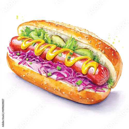 Gourmet hot dog with mustard and red cabbage slaw illustration.