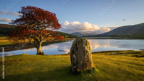 Ancient Standing Stone Beside Calm Lake With Autumn Tree and Mountains monolith megalith